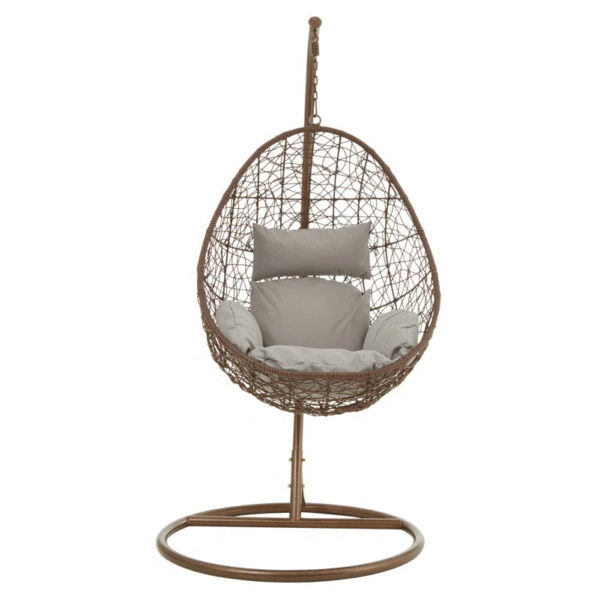 Large Brown Hanging Egg Chair with Grey Cushion and Stand – Indoor and Outdoor Use