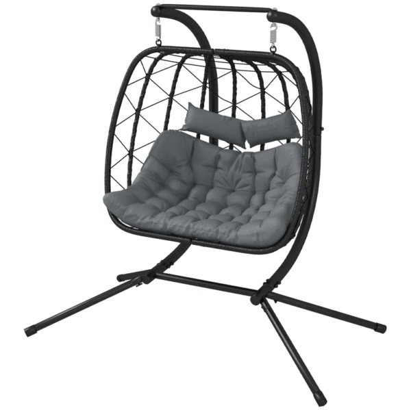 Large Double Hanging Egg Chair for Garden with Stand and Grey Cushion – Weather Resistant