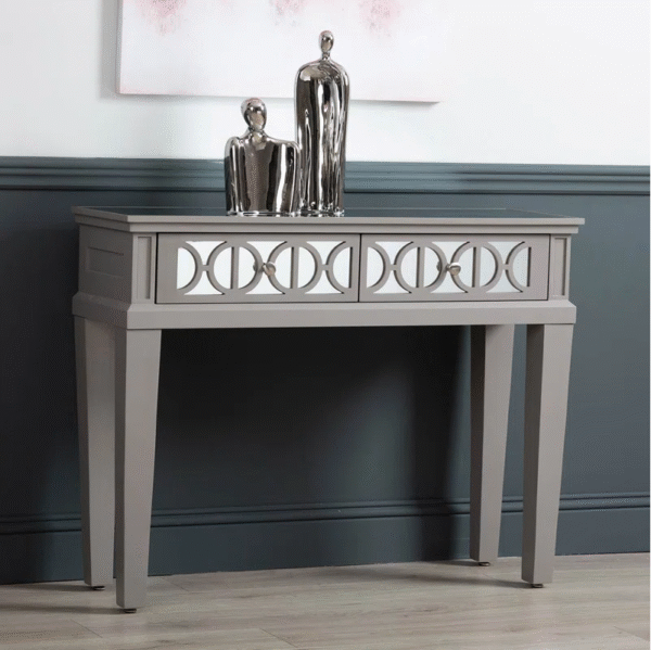 Grey Gloss Console Table with Mirrored Drawers – 2-Drawer, Geometric Front, 107cm - Image 2