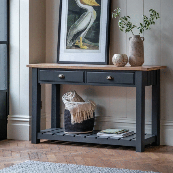 Modern Rustic Console Table with 2 Drawers and Shelf - Hand-Painted Oak Finish